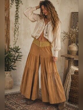 With Love Boho Corduroy Wide Leg Pants Sequin Waist Small